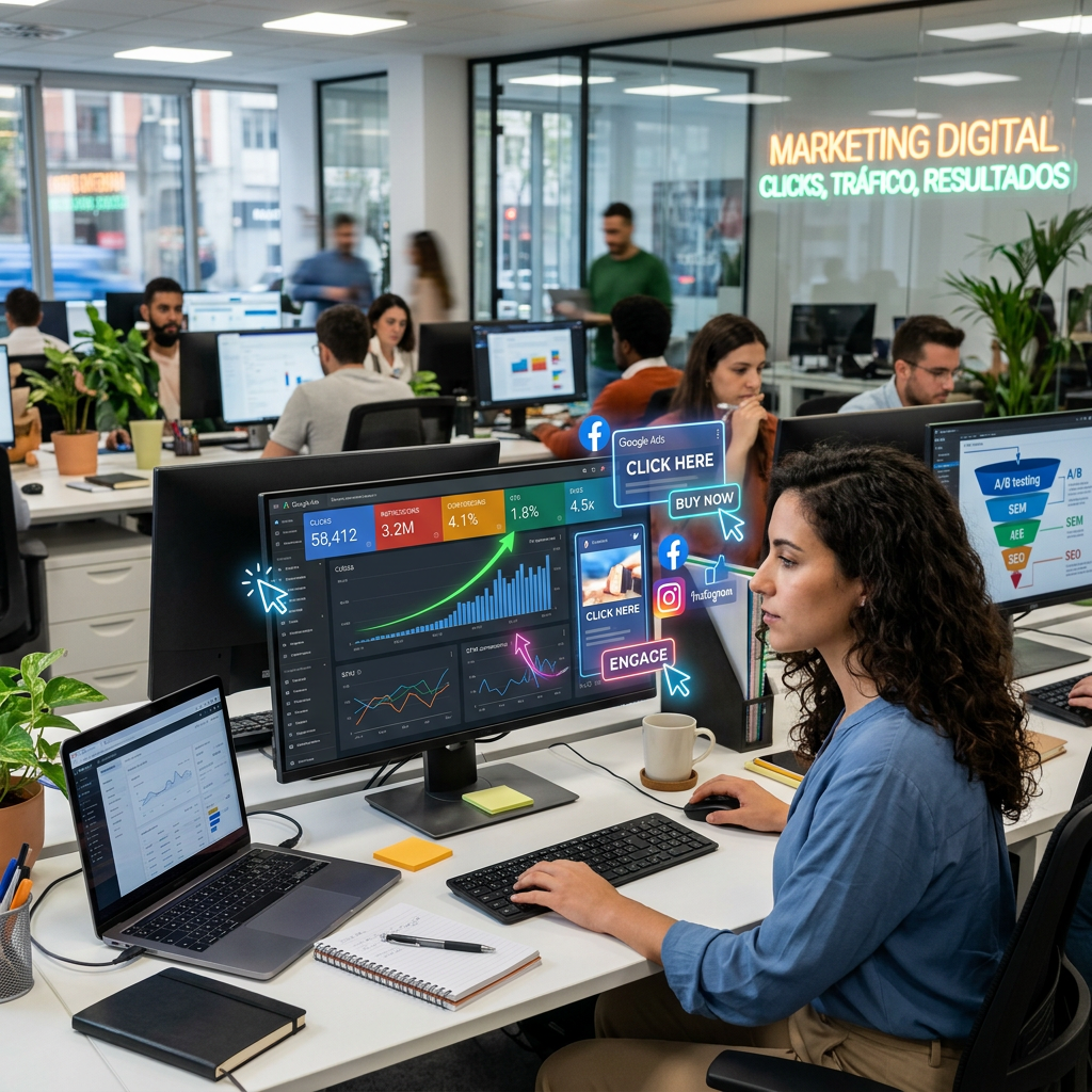 Marketing office with analytics dashboards and signs reading “MARKETING DIGITAL” and “CLICKS, TRÁFICO, RESULTADOS”
