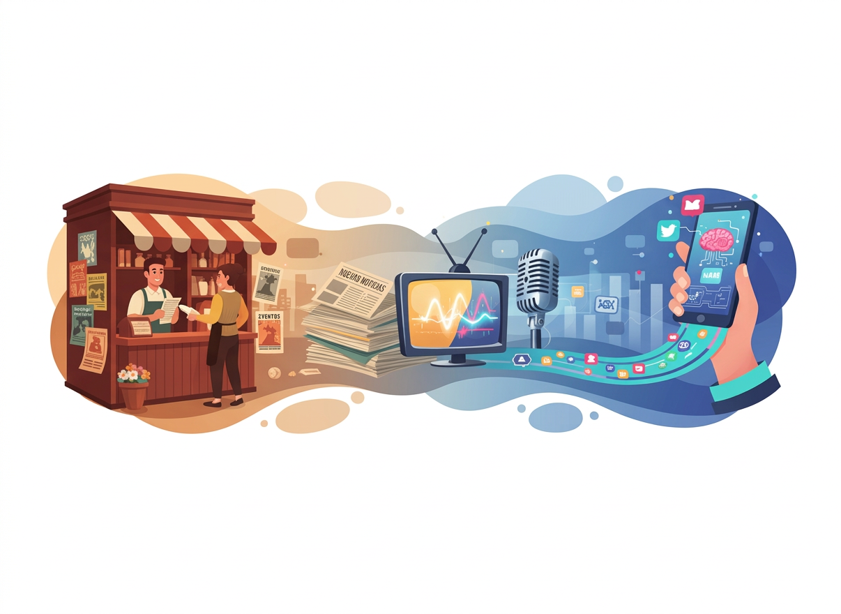 Una ilustración conceptual y profesional que represente la evolución del marketing a través del tiempo: a la izquierda, un pequeño comercio tradicional con carteles impresos y un vendedor; en el centro, publicidad de prensa, radio y televisión; a la derecha, marketing digital moderno con un teléfono móvil, redes sociales, análisis de datos, inteligencia artificial y publicidad personalizada. Composición panorámica de izquierda a derecha, transición visual fluida entre épocas, estilo editorial contemporáneo, colores cálidos que evolucionan hacia tonos azules y violetas, sin texto legible, sin logotipos, aspecto atractivo para una página educativa sobre marketing.
