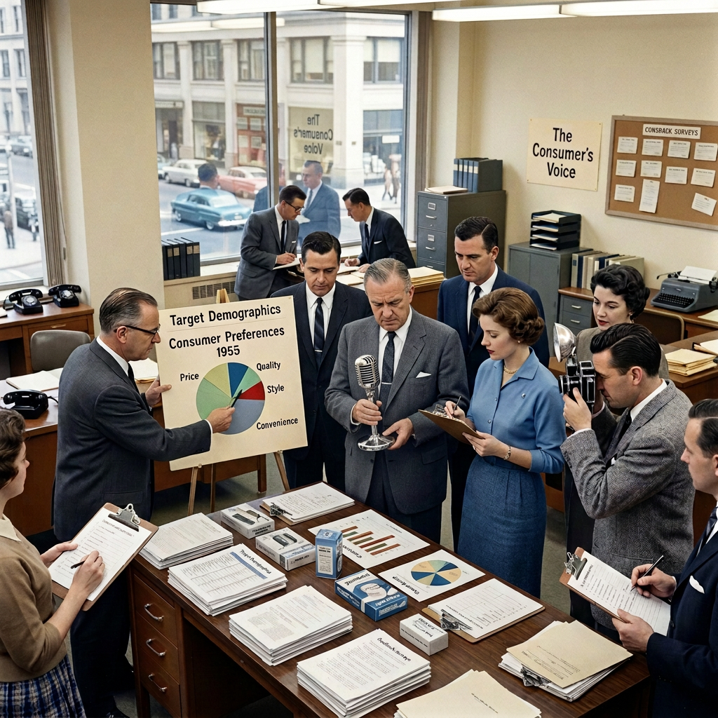 1955 consumer research meeting with a consumer preferences pie chart