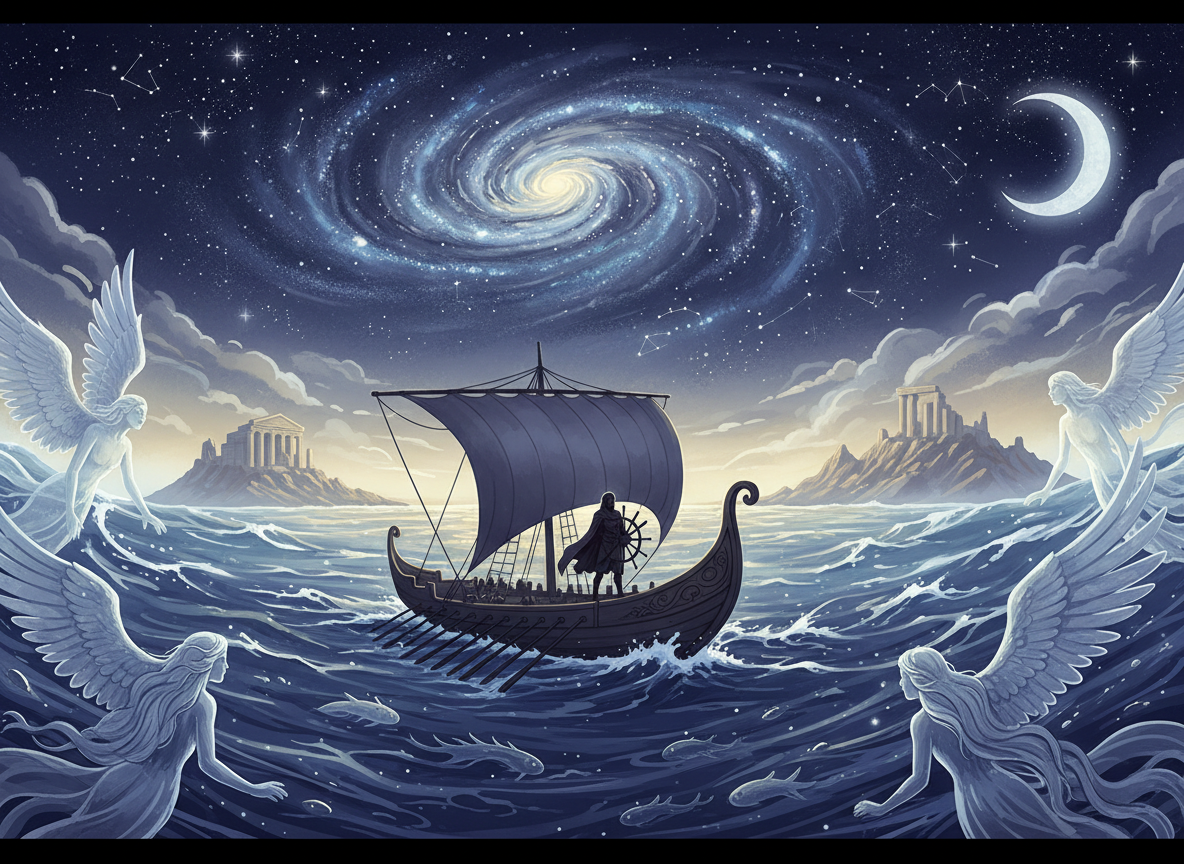 Ilustración de La Odisea, con un viajero navegando por un mar lleno de aventuras y paisajes míticos.