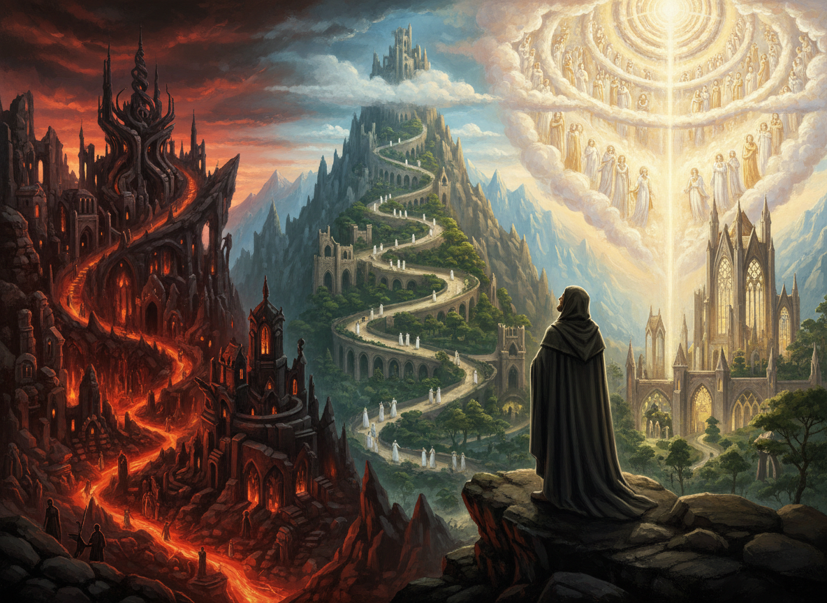Ilustración de La Divina Comedia de Dante Alighieri, con un viajero medieval ante un paisaje simbólico entre infierno, purgatorio y paraíso