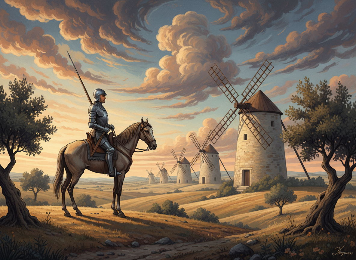 Ilustración de Don Quijote de la Mancha, con un caballero junto a Rocinante ante los molinos de viento de La Mancha