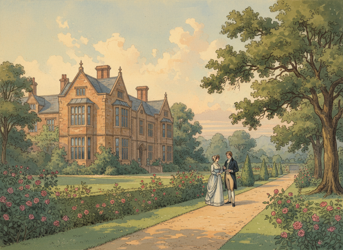Ilustración de Orgullo y prejuicio de Jane Austen, con una mansión inglesa de época y dos figuras conversando en un jardín