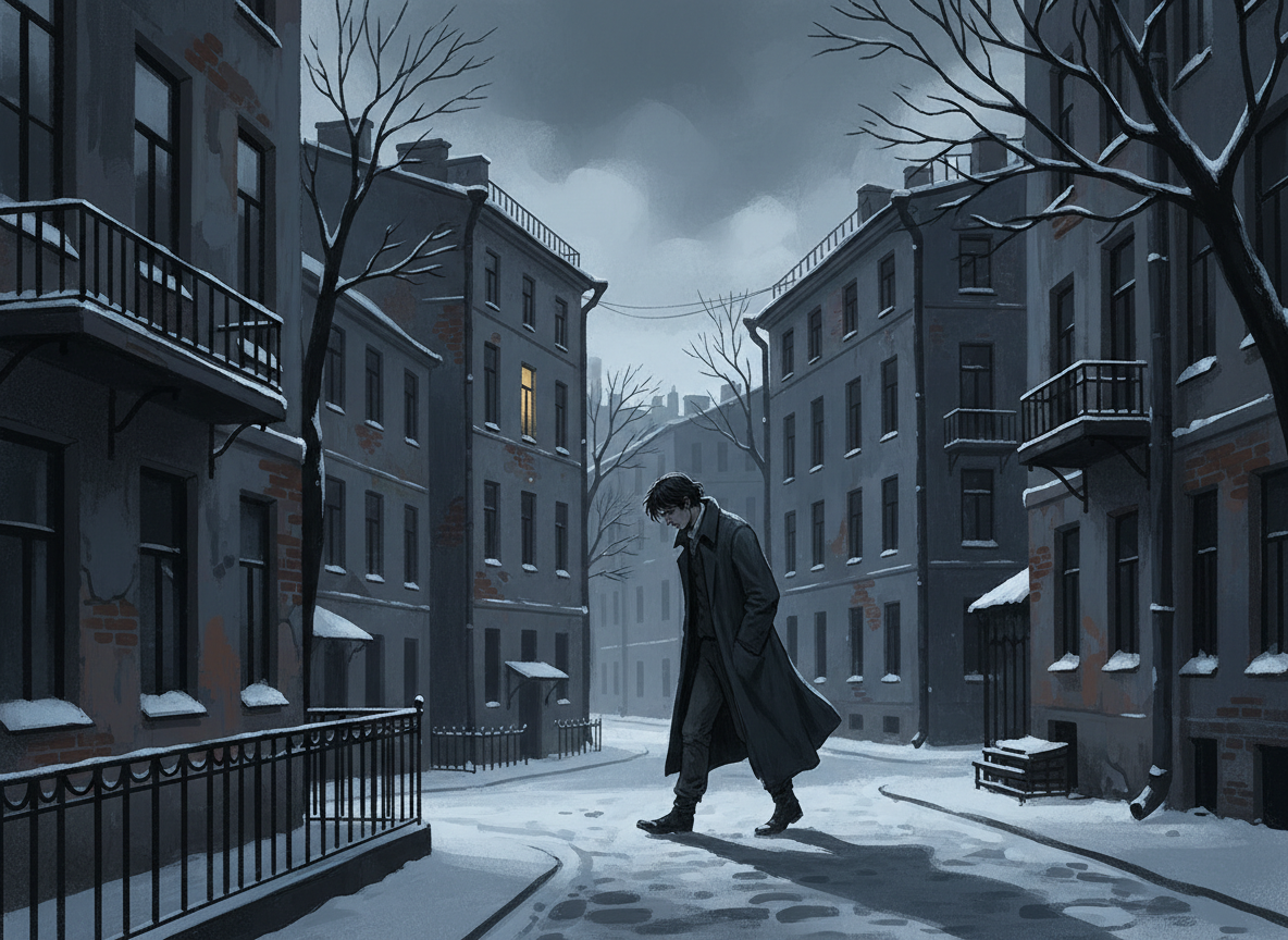 Ilustración de Crimen y castigo de Fiódor Dostoievski, con una ciudad nevada de San Petersburgo y un joven pensativo entre edificios del siglo XIX