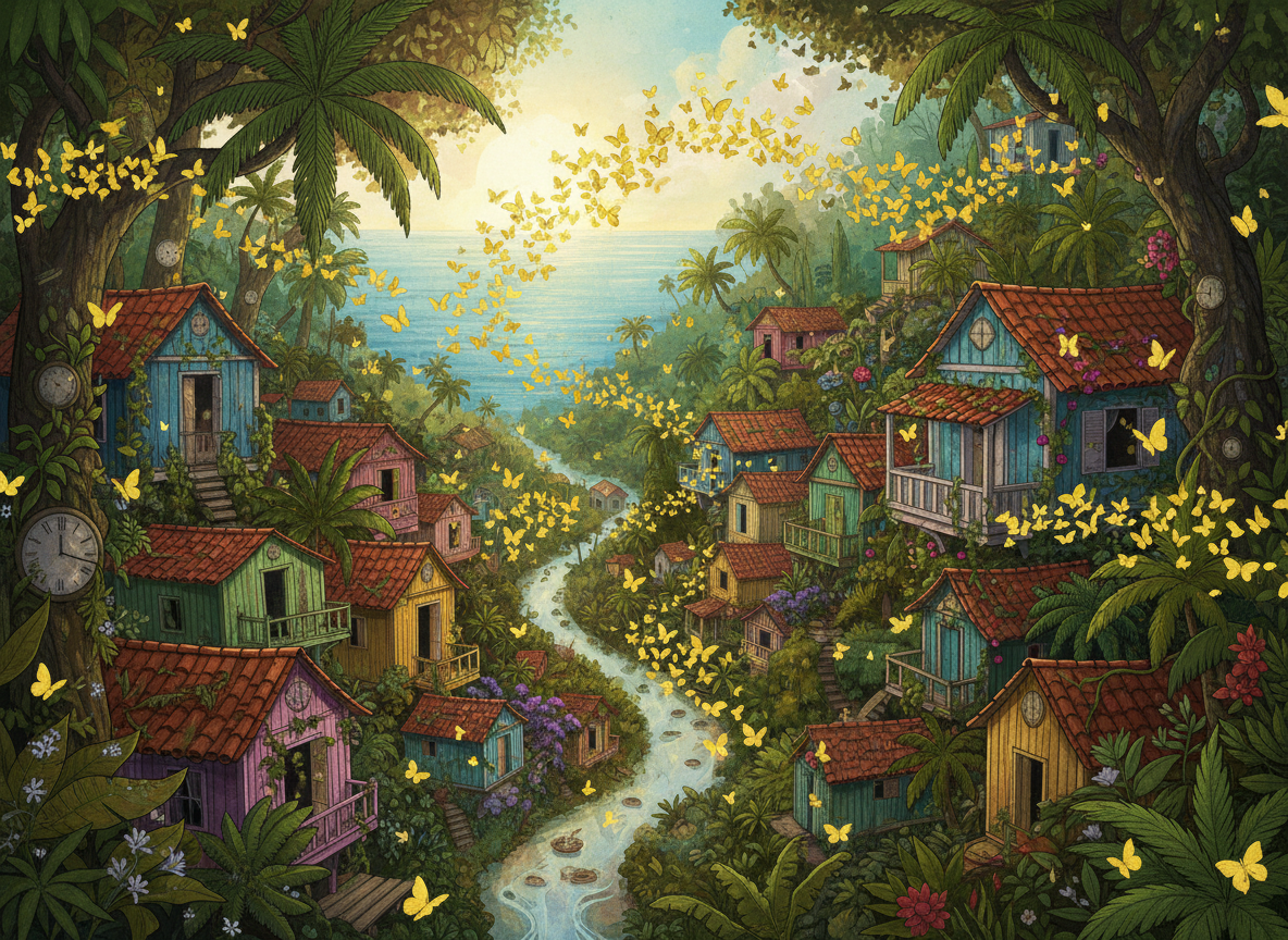 Ilustración de Cien años de soledad, con un pueblo tropical latinoamericano de realismo mágico, vegetación exuberante y mariposas amarillas