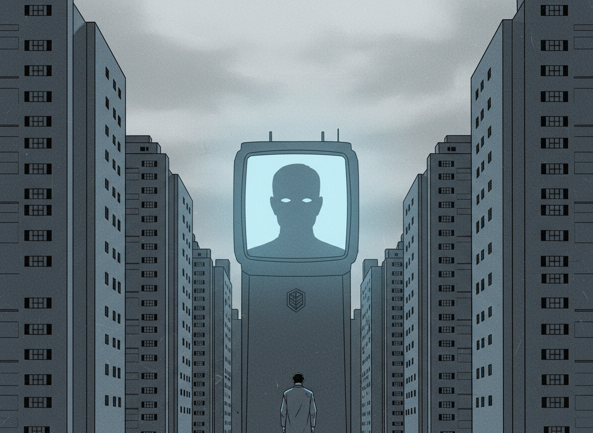 Ilustración de 1984 de George Orwell, con una ciudad distópica gris, una pantalla vigilante y una figura humana bajo vigilancia