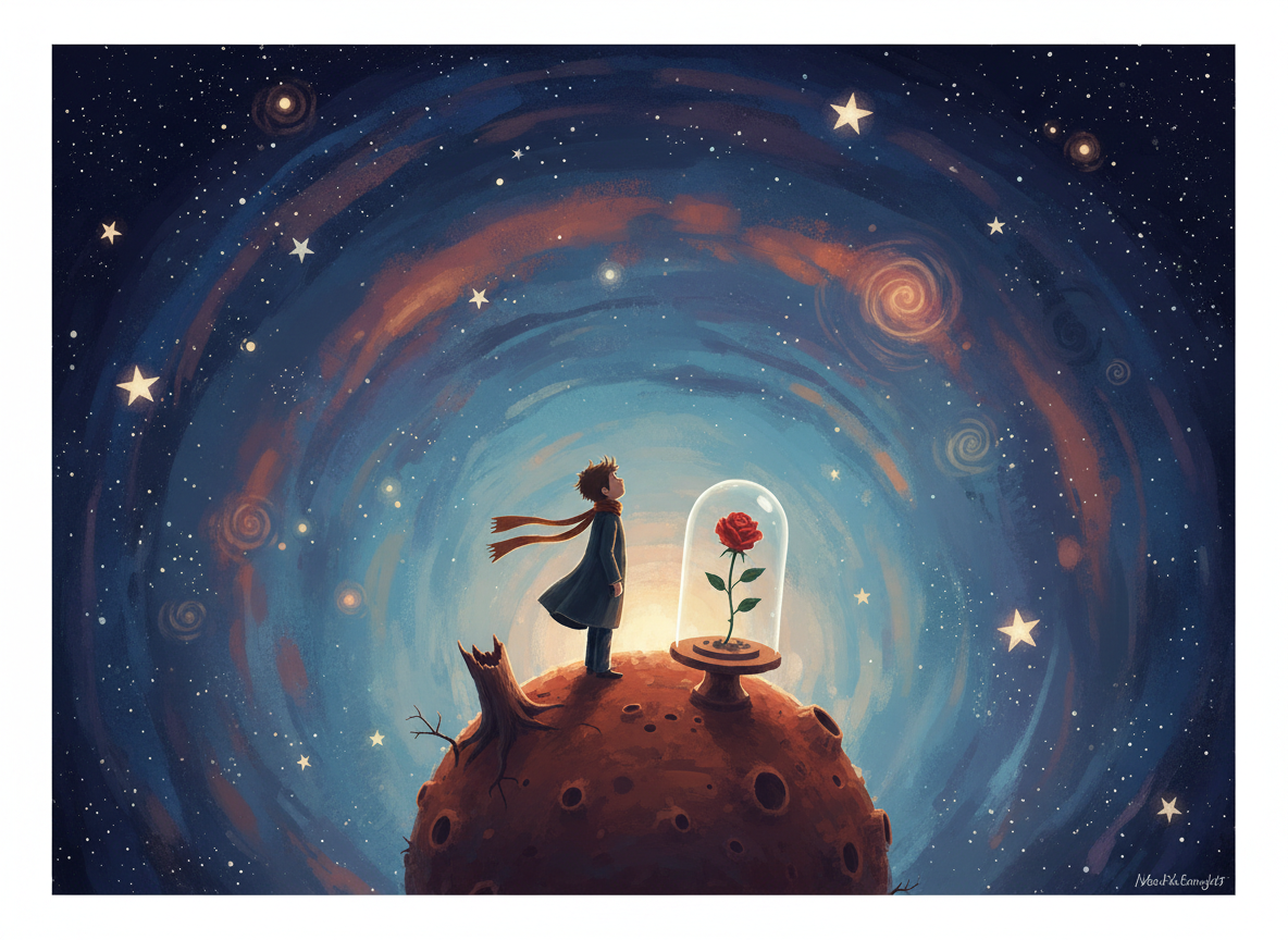Ilustración de El principito de Antoine de Saint-Exupéry, con un pequeño viajero sobre un asteroide, estrellas y una rosa protegida
